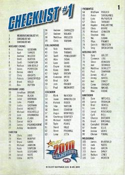 2010 Select AFL Champions #1 Checklist #1 Back
